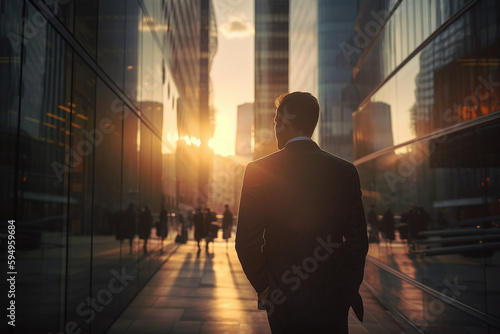 Vue de dos d'un businessman se baladant dans la rue au coucher du soleil » IA générative