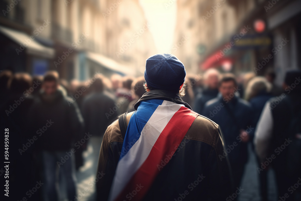 Vue de dos d'un homme avec un drapeau français dans la foule » IA générative Vue de dos d'un homme avec un drapeau français dans la foule » IA générative