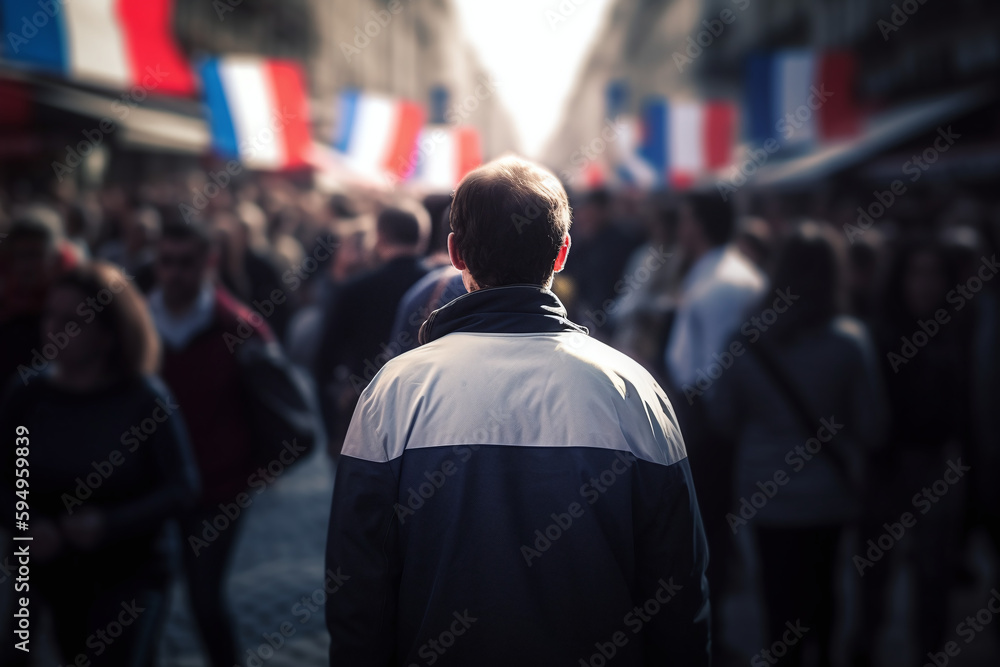 Vue de dos d'un homme dans une ruelle de drapeaux français » IA générative Vue de dos d'un homme dans une ruelle de drapeaux français » IA générative