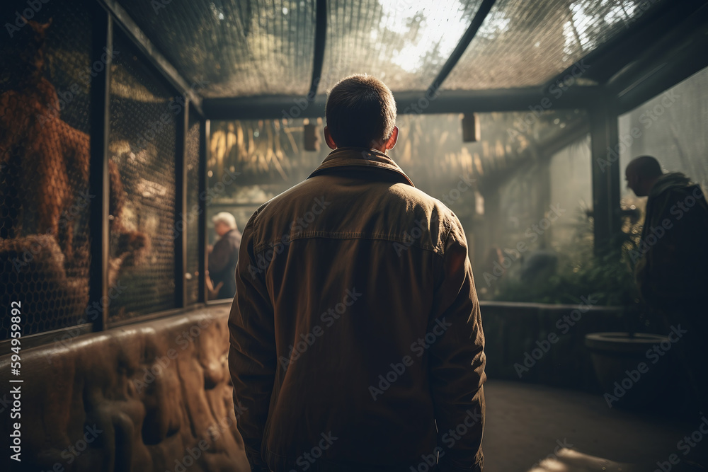 Vue de dos d'un homme se baladant dans un zoo » IA générative Vue de dos d'un homme se baladant dans un zoo » IA générative