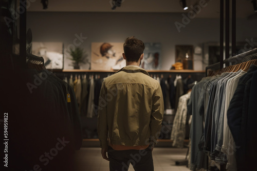 Vue de dos d'un homme faisant du shopping dans un magasin » IA générative © Maelgoa