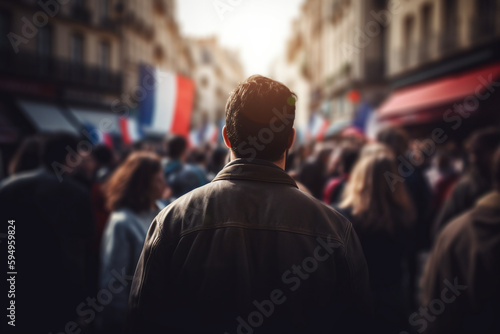 Vue de dos d'un homme dans une rue lors d'une grève en France » IA générative