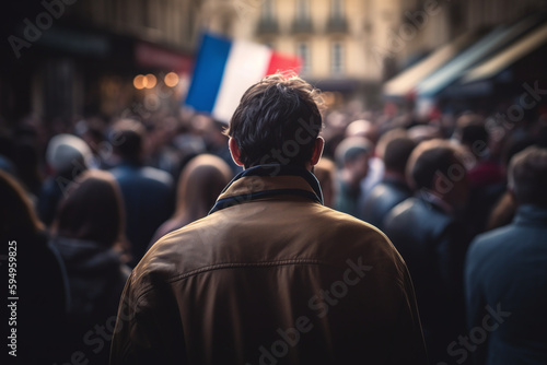 Vue de dos d'un homme marchant dans la foule d'une ville française » IA générative