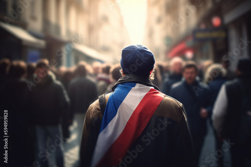 Fototapeta Naklejka Na Ścianę i Meble -  Vue de dos d'un homme avec un drapeau français dans la foule » IA générative