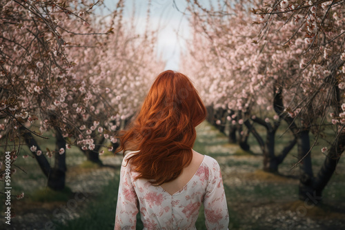 Vue de dos d'une femme rousse dans un champ de cerisiers » IA générative
