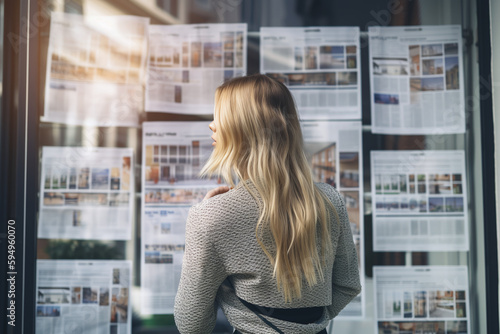 Vue de dos d'une jeune femme blonde consultant des annonces immobilières » IA générative Free Download Vue de dos d'une jeune femme blonde consultant des annonces immobilières » IA générative - GFXLoad