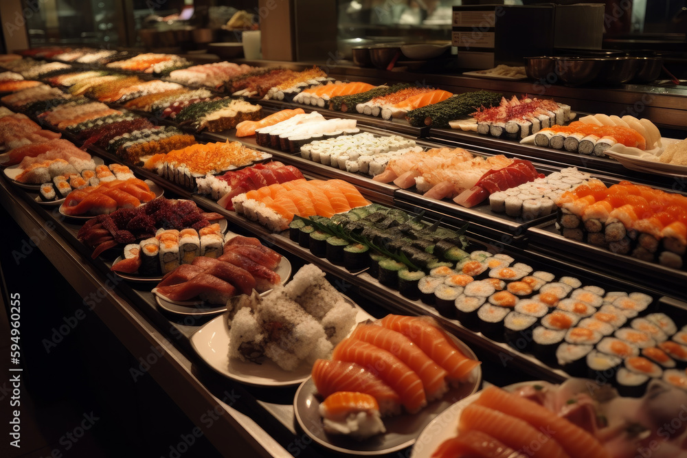 Sushi (Japan) buffet lunch. AI Generated.
