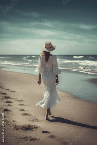 beautiful woman walking on an endless beach with sea, ai generative