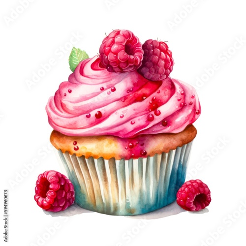 Watercolor illustration of a raspberry cupcake on white background. Generative AI.