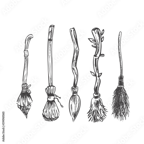 Hand drawn sketch of magic brooms set. Element of witchcraft. Symbol of magic.  A vehicle for the witch.  Tattoo broomstick or print for Halloween or all saints ' day. Vector illustration.