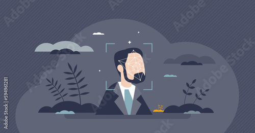 Synthetic media and AI software generated fake picture tiny person concept. Digital content creation with artificial intelligence tool vector illustration. Smart technology or image automation usage.