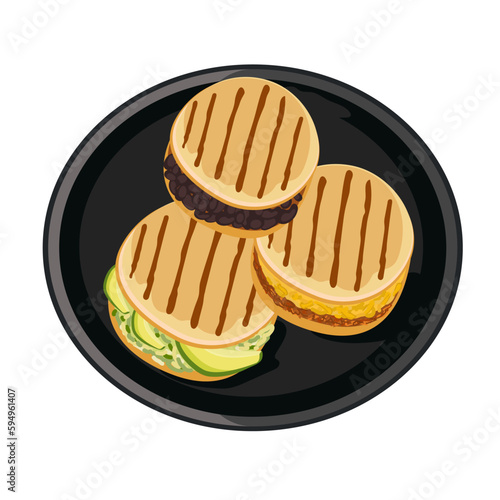 Set of vector Arepas. Traditional dish of Colombian cuisine. Grilled buns with stuffing. Arepas with cheese, avocado, meat. Vector illustration of food. Latin American food on a black plate. photo