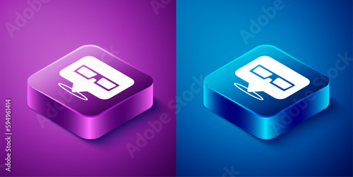 Isometric 3D cinema glasses icon isolated on blue and purple background. Square button. Vector