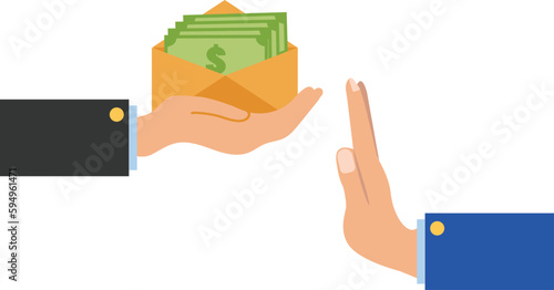 Stop corruption icon on white background. anti bribery concept. Business man refusing money offered sign. flat style.