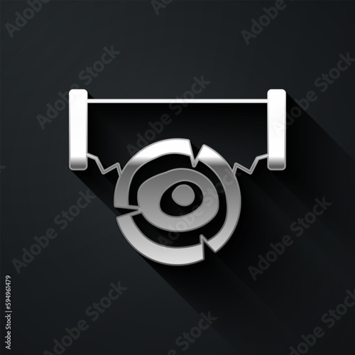 Silver Two-handed saw and log icon isolated on black background. Long shadow style. Vector