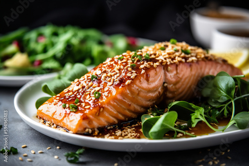 salmon with garlic and sesame, salmon, deep-fried, generated by ai