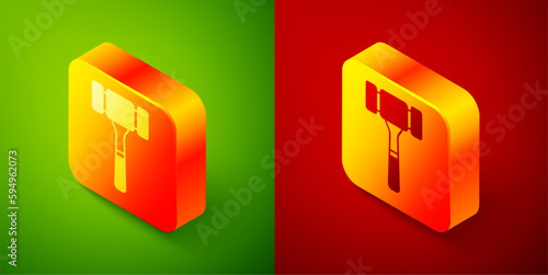 Isometric Auction hammer icon isolated on green and red background. Gavel - hammer of judge or auctioneer. Bidding process, deal done. Auction bidding. Square button. Vector