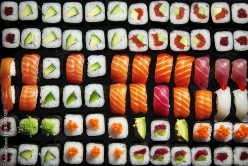 Sushi rolls set full frame background. Created with Generative AI technology.