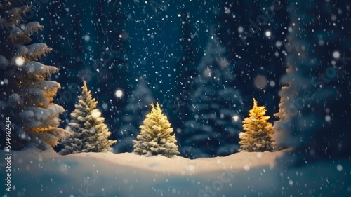 Snow-covered meadow with fir trees. Christmas mood background. Created with Generative AI technology.