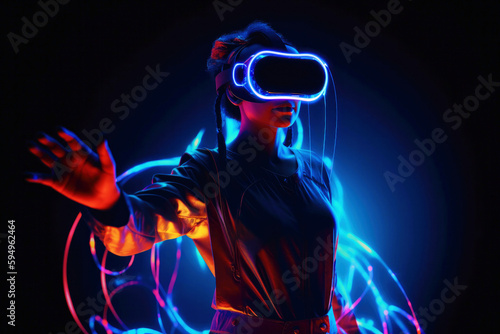 Woman wearing vr headset glasses of virtual reality game simulator. Created with Generative AI technology.