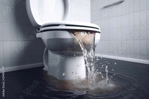 Clogged sewer system. Water rises from the toilet bowl. Created with Generative AI technology. photo
