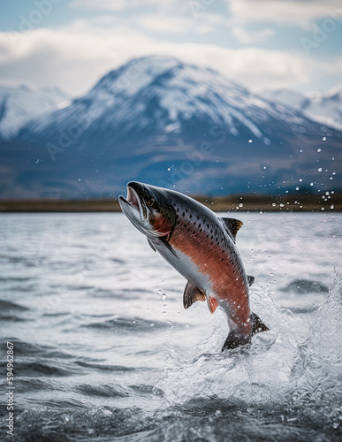 Salmon jumping out of water in Alaskan river. Generative Ai