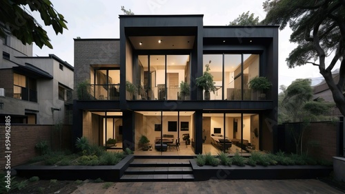 the exterior of an architectural narrow house design with brick walls 3