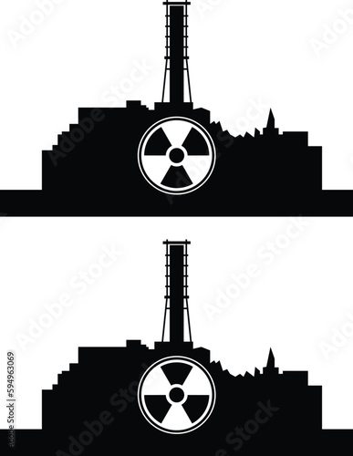 Silhouette of the Chornobyl nuclear power plant. Radioactive tragedy in Ukraine in 1986. Emblem of nuclear danger