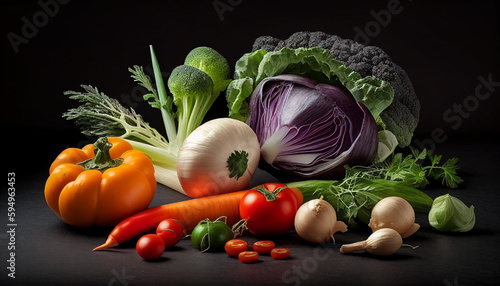 Fresh vegetables on a wooden board on black background, Generative AI