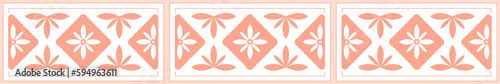 Ceramic border pattern. Majolica tiles, horizontal Azulejo, Spanish patchwork, floral geometric ornament, decorative pottery design, vector illustration in pink colors.