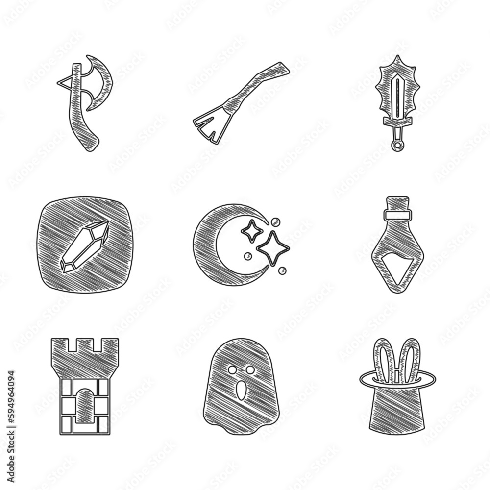 Set Moon and stars, Ghost, Magician hat rabbit ears, Bottle with potion, Castle tower, stone, sword in fire and Wooden axe icon. Vector