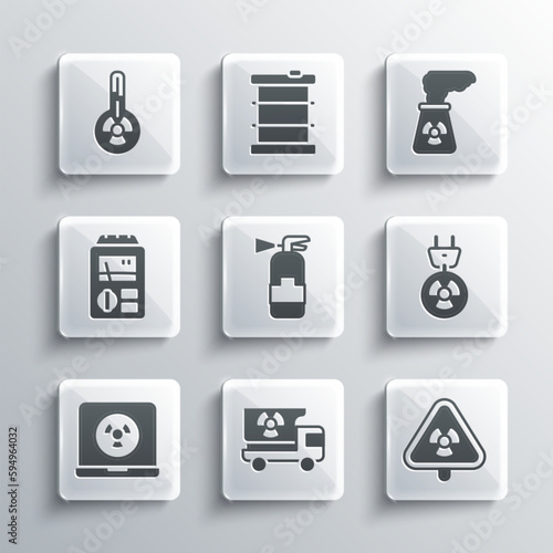 Set Truck with radiation materials, Triangle, Radiation electrical plug, Fire extinguisher, Nuclear laptop, Dosimeter, Meteorology thermometer and power plant icon. Vector