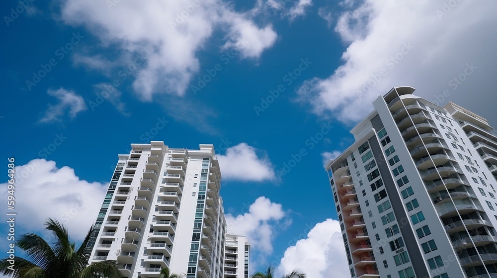 Fototapeta premium Modern condos apartments against the giant clouds in the blue sky background. generative AI