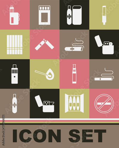 Set No smoking, Cigarette, Lighter, Electronic cigarette, Broken, Vape mod device and icon. Vector
