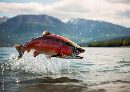Sockeye Salmon jumping out of water in Alaskan river.  Ai Generative image photo