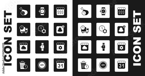 Set Payday, calendar with dollar, Time management, Delivery truck and time, Food, Alarm clock app mobile, Wrist watch, Calendar spring and autumn icon. Vector