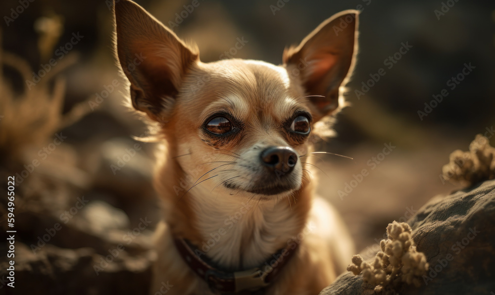 Desert Explorer Chihuahua: Unleashing the Spirit of Adventure. Photo of Chihuahua dog exploring a rocky desert landscape with an intense and curious expression. Generative AI