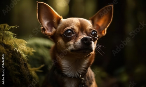 close up photo of Chihuahua dog on green forest background. Generative AI