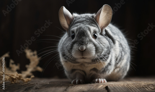 photo of chinchilla sitting on a wooden floor and dark background. Generative AI