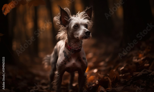 photo of Chinese crested standing on a forest path at Autumn. Generative AI