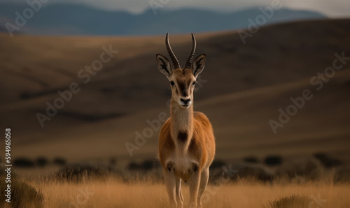 Photo of chiru (Panthalops hodgsoni), also called Tibetan antelope, standing gracefully on the Tibetan Plateau vast and open landscape. Generative AI