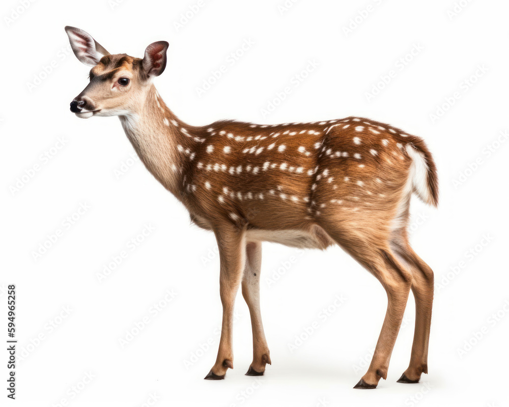 photo of chital, also called Spotted Deer isolated on white background. Generative AI photo of chital, also called Spotted Deer isolated on white background. Generative AI