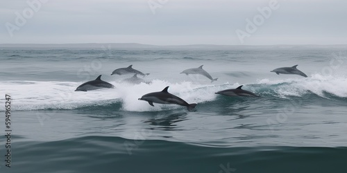 A pod of dolphins jumping in and out of the waves, concept of Marine life behavior, created with Generative AI technology © koldunova