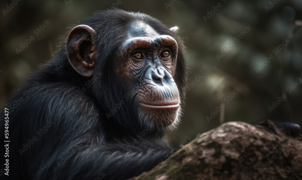 close up photo of chimpanzee on blurry natural forest background. Generative AI close up photo of chimpanzee on blurry natural forest background. Generative AI