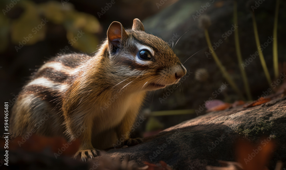 Obraz premium sunset photo of chipmunk standing on a rock in the forest. Generative AI
