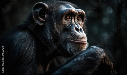 close up photo of chimpanzee on dark bokeh background. Generative AI
