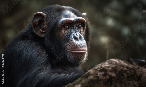 close up photo of chimpanzee on blurry natural forest background. Generative AI © Bartek