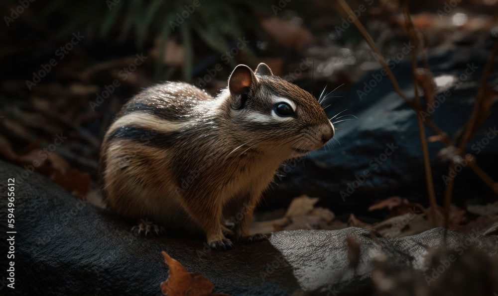 photo of chipmunk standing on a rock in the forest. Generative AI photo of chipmunk standing on a rock in the forest. Generative AI