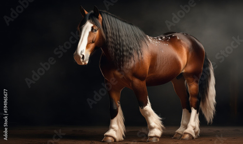 photo of Clydesdale, heavy draft-horse breed on black background. Generative AI