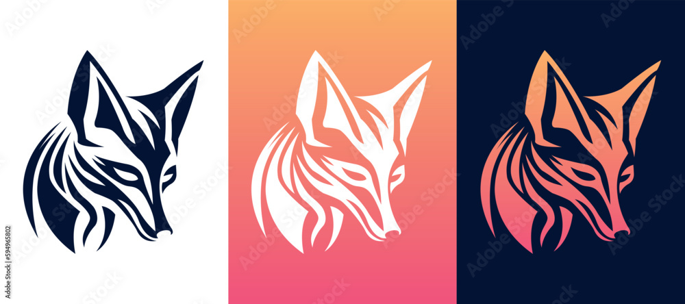 Fox head vector line art illustration isolated on dark and white background. Fox face business logo design template.